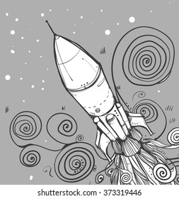 Black and white illustration. The rocket in flight.