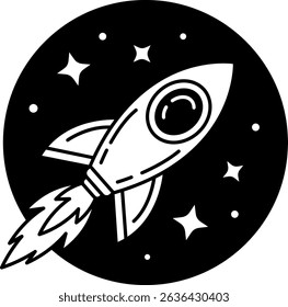 black and white illustration of a rocket is flying through space