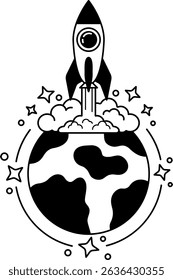 black and white illustration of a rocket is launching into space from the earth