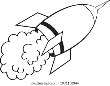 Black and white illustration of a rocket ship blasting off.