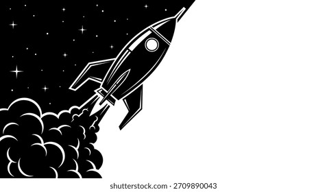 Schwarz-Weiß-Illustration eines Raketenschiffes, das eine Spur von Rauch und Flammen hinterlässt.