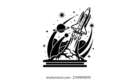 Schwarz-weiße Illustration eines Raketenschiffes, das mit Planeten und Sternen in den Weltraum abgesprengt wird