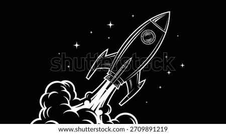 Black and white illustration of a rocket ship taking off, leaving a trail of smoke and surrounded by stars.