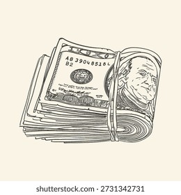 A black and white illustration of a rolled bundle of American dollar bills, representing money and financial success.