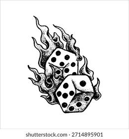Ilustración en blanco y negro de dados rodantes envueltos en llamas, que simbolizan el riesgo, el azar, la suerte y la intensidad a través del contraste audaz y la textura arenosa dibujada a mano.
