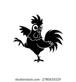 A black and white illustration of a rooster with exaggerated features and a lively posture