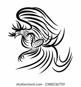 Black and white illustration of a rooster in the form of a tattoo.