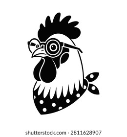 Black and white illustration of a rooster wearing glasses and a bandana on plain background