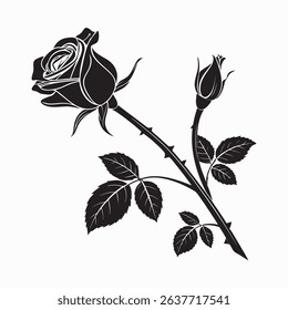 Black and white illustration of a rose with leaves and thorns - Silhouette Rose