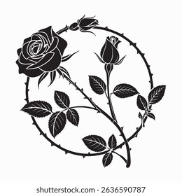 Black and white illustration of roses and thorns in a circle