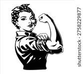 A black and white illustration of Rosie the Riveter flexing her muscular arm