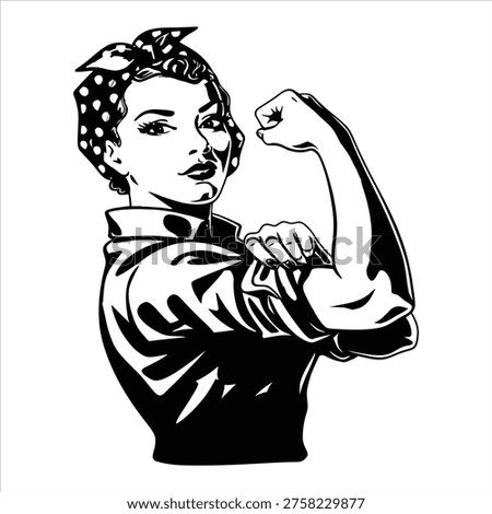 A black and white illustration of Rosie the Riveter flexing her muscular arm