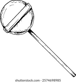 Black and white illustration of a round candy on a stick, drawn in a minimalist sketch style. Perfect for confectionery, menu design, bakery branding or holiday decorations. Great for cards and labels