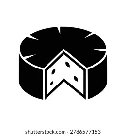 A black and white illustration of a round cheese wheel with a wedge cut out, showcasing a detailed texture and pattern, ideal for culinary and food-related designs.
