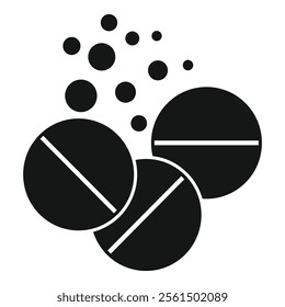 Black and white illustration of round tablets falling creating an abstract composition