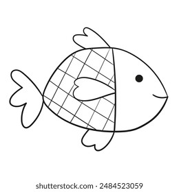 Black and white illustration of a rounded fish with a square body and three fins, clipart, coloring page