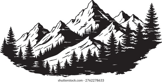 Black and white illustration of rugged mountains with snow capped peaks and tall pine trees in a serene forest setting