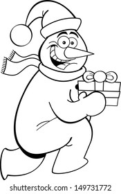 Black and white illustration of a running snowman holding a gift.