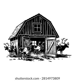 Black and white illustration of a rustic barn with deer and wildlife, showcasing a peaceful rural setting with animals and wooden structure.