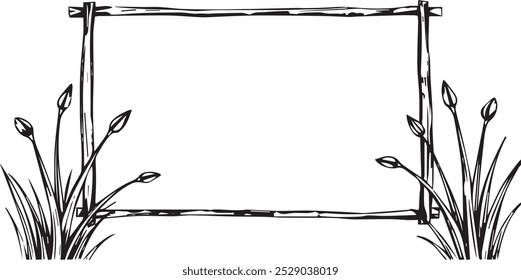 A black and white illustration of a rustic frame surrounded by stylized plants.