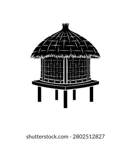 A black and white illustration of a rustic, woven hut with a thatched roof, elevated on wooden stilts.