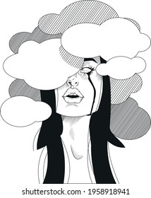 black and white illustration of a sad crying girl whose head is hidden in the clouds