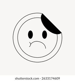 A black and white illustration of a sad face with a frown and a curled corner. The sad face is simple, with a minimalist design and a frowning expression. Line art illustration vector.