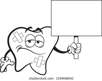 Black and white illustration of a sad tooth with bandages holding a sign.