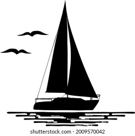 Black and white illustration of sailing boat isolated on white background. Water, birds, silhouettes. 