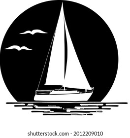 Black and white illustration of sailing boat isolated on white background. Water, birds, sun, silhouettes. Logo.