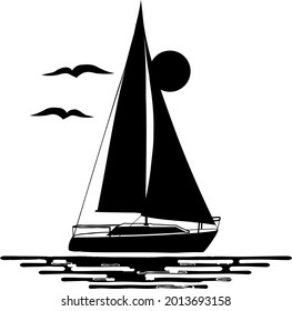 Black and white illustration of sailing boat isolated on white background. Water, birds, sun, silhouettes. Logo.
