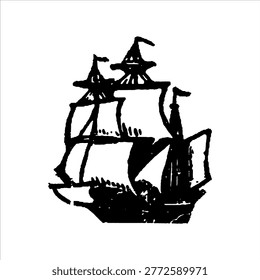Black and white illustration of a sailing ship with transport maritime historic illustration engraving monochrome starboard navigational adventure