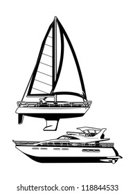 black and white illustration of a sailing vessel and motor yacht.