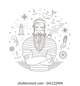 Black and white illustration of a sailor in the style of an old tattoo. Print seaman with a pipe. Anchor illustrations, mermaid with lighthouse