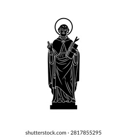 A black and white illustration of a saint holding a book and a cross