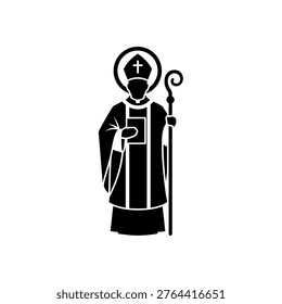 A black and white illustration of Saint Patrick, depicted as a bishop holding a crosier and a book, with a halo.