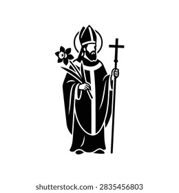 A black and white illustration of Saint Patrick wearing a bishops mitre and robes, holding a daffodil and a cross.