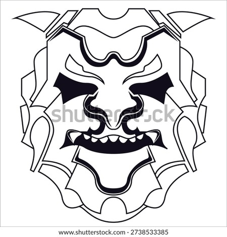 A black and white illustration of a samurai mask with a menacing expression, featuring sharp teeth and horns.