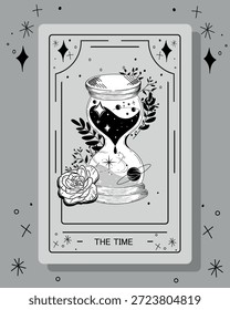 Ilustração em preto e branco de um temporizador de areia com uma rosa e folhas, rodeado por estrelas e cruzes. Perfeito para projetos relacionados ao tempo.