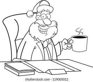 Black and white illustration of Santa Claus sitting at a desk holding a coffee cup.