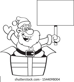 Black and white illustration of Santa Claus in a large gift box while holding a sign.