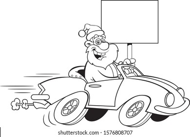 Black and white illustration of Santa Claus driving a sports car while holding a sign.