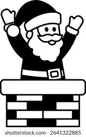 black and white illustration of Santa Claus standing on a chimney