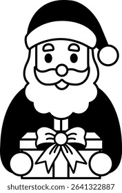 black and white illustration of Santa Claus holding a gift box