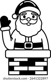 black and white illustration of Santa Claus waving from a chimney
