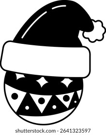 black and white illustration of santa hat on christmas ball decoration