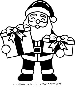 black and white illustration of Santa holding two gifts boxes 