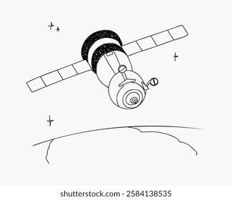 Black and white illustration of a satellite orbiting Earth. The satellite features solar panels and a cylindrical body. Stars are visible in the background. Simple line art vector.