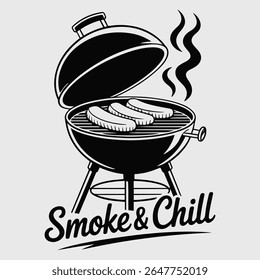 uma ilustração em preto e branco de salsichas em uma grelha com a fumaça subindo, e as palavras fumam e esfriam abaixo dela. Perfeito para projetos de churrasco de verão