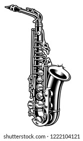 Black and white illustration of saxophone on the white background.